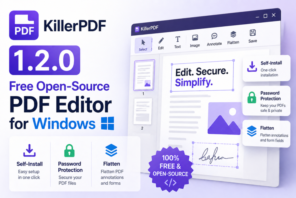 KillerPDF 1.2.0: Free Open-Source PDF Editor for Windows with Self-Install, Password Protection, and Flatten Features